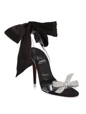Authentic Christian Louboutin Black Crystal Bow Ankle-Tie Stiletto